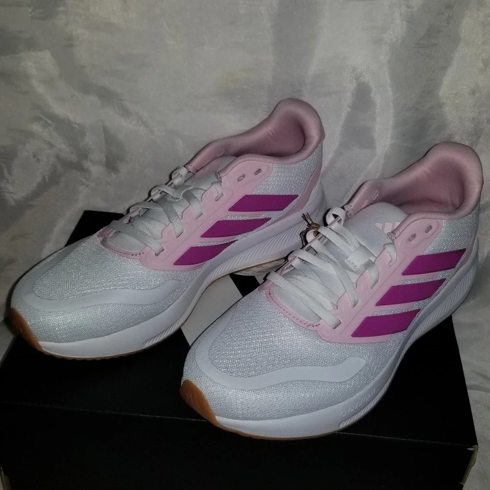 Adidas Runfalcon 5 J Running Shoes women 7 White Pink Excellent Cloudfoam JP9396